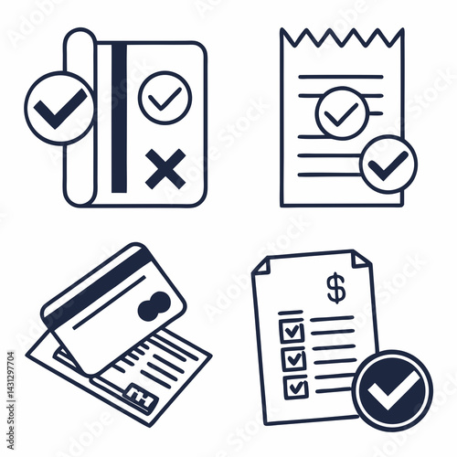 Financial Transactions Icons Set Credit Cards Bills Tick Marks Design Concept
