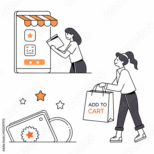 Woman Shopping Online Using App With Mobile Phone And Shopping Bag