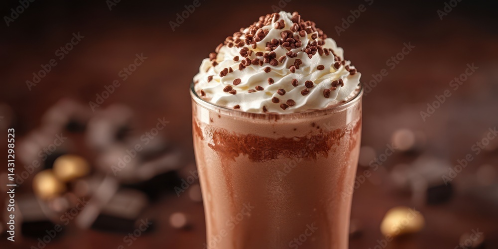 Delicious chocolate milkshake topped with whipped cream and chocolate sprinkles in a cozy cafe setting