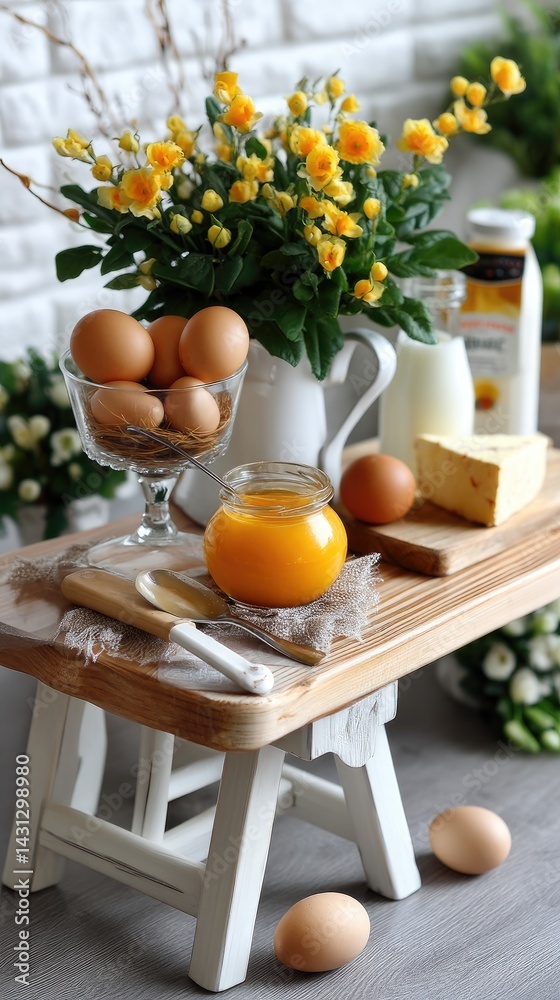 Variety of dairy items such as cheese, yogurt, and eggs arranged neatly on a dark grey table with ample space for branding