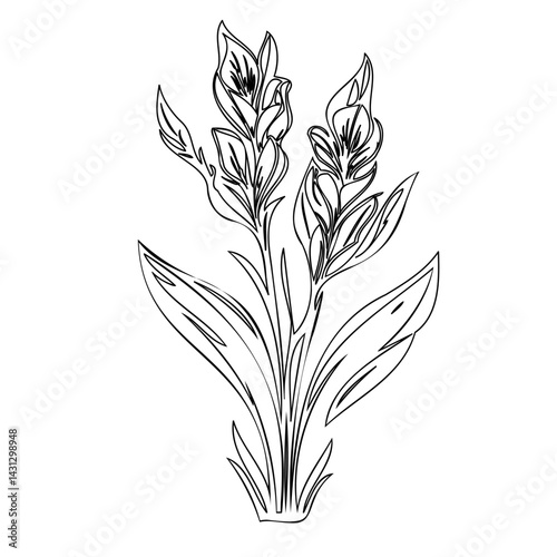 Monochrome botanical drawing featuring a blossoming floral composition with elegant lines