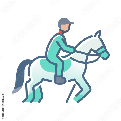 Illustration of a Horseback Rider on a White Horse with Blue Accents