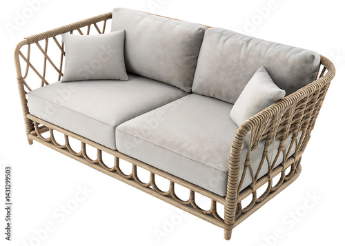 Rattan loveseat sofa with cushions isolated on white background home interior furniture