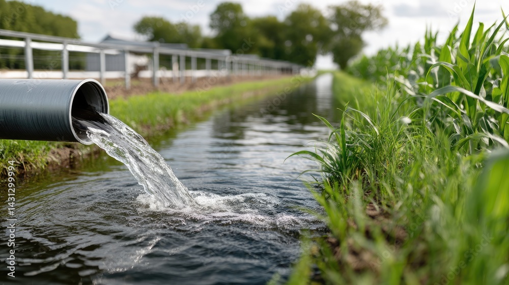 Clear water streams from a pipe into a river, serving as a vital resource for crops and agriculture under bright daylight