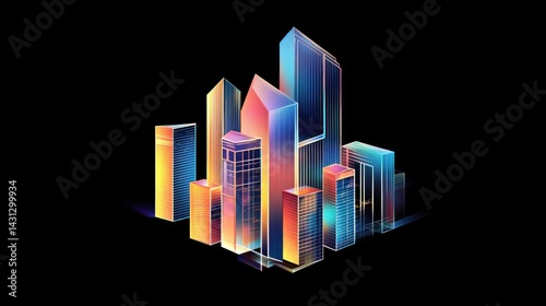 Vibrant cityscape illustration, stylized with geometric shapes and vibrant colors.  Modern architecture, digitally rendered buildings, and glowing facets create a futuristic city scene photo