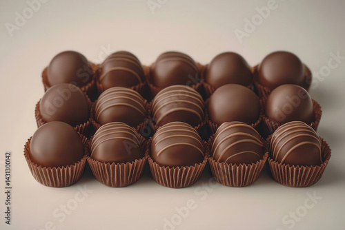 Chocolate truffles arranged in rows with smooth finish
