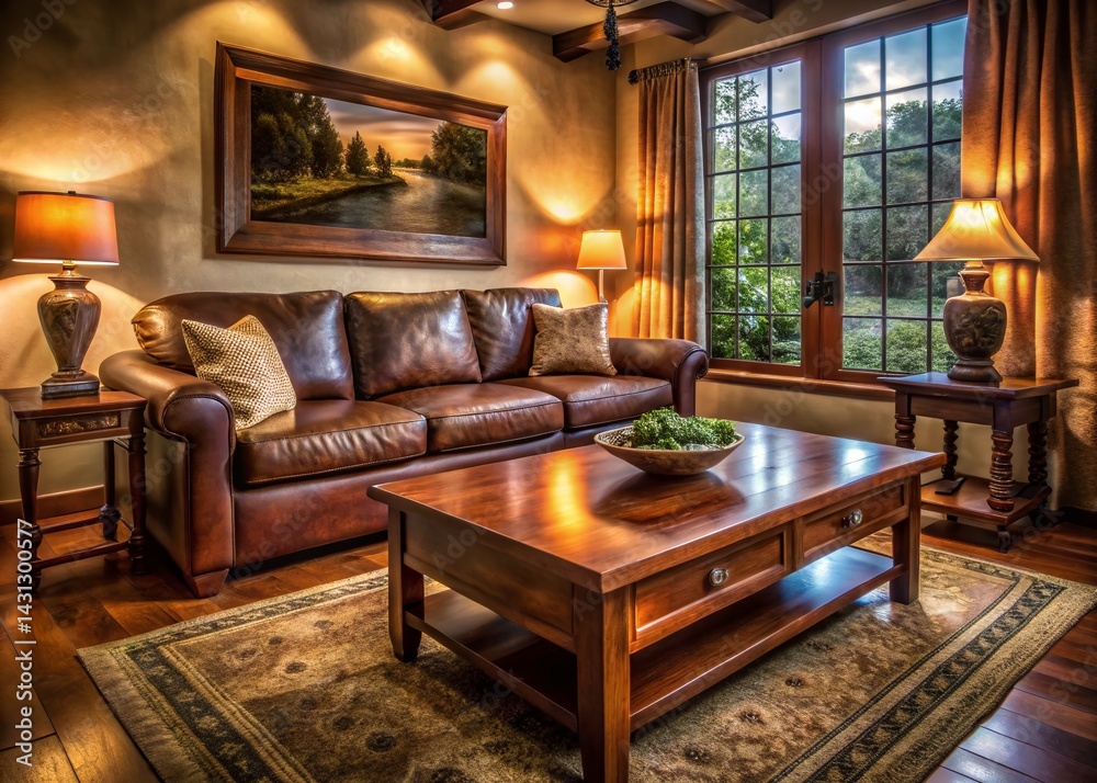 Fototapeta premium Timeless Family Room: Brown Leather Sofa, Wooden Coffee Table, Long Exposure Photography
