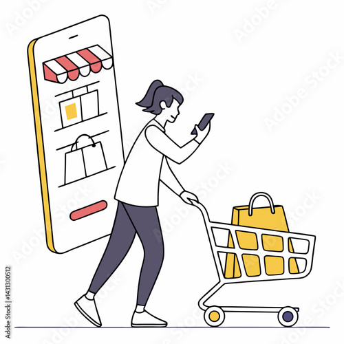 Woman Using Phone Shopping Online With Cart And Mobile Application