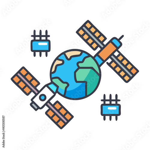 Satellites Orbiting Earth: Global Communication and Technology Illustration