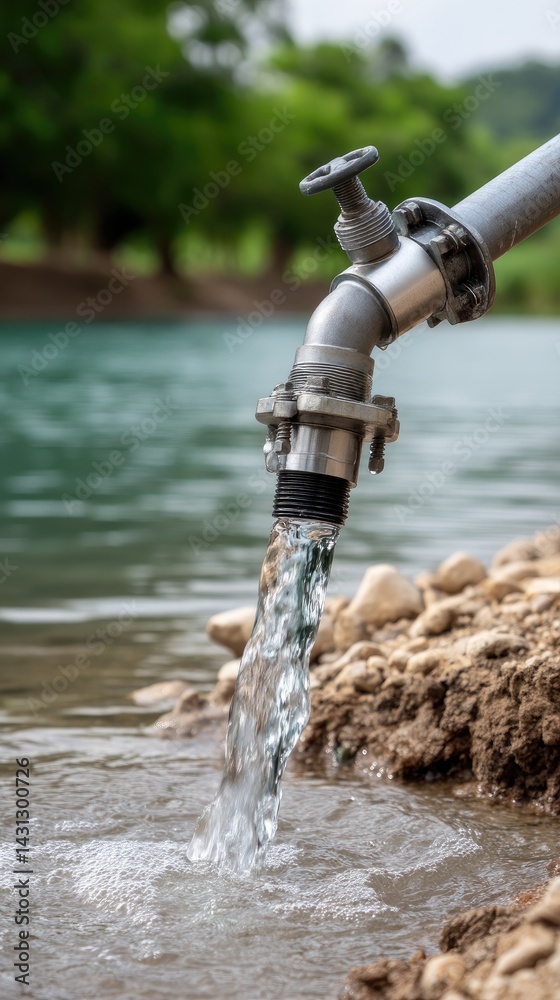 Clean spring water flows from a pipe into a river, supporting irrigation needs for crops and enhancing natural landscapes