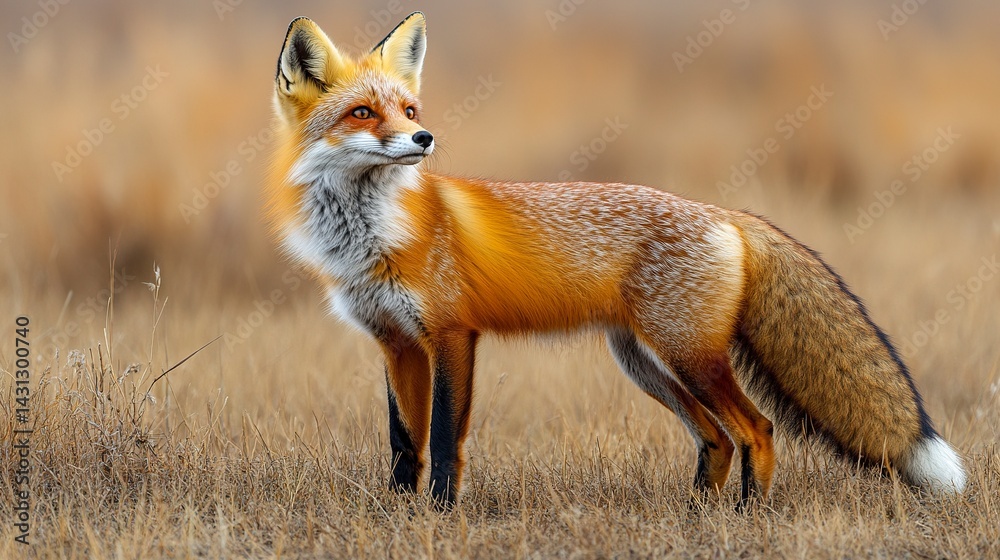 Fototapeta premium Red fox standing alert in golden meadow, looking upward with soft morning light and natural background 