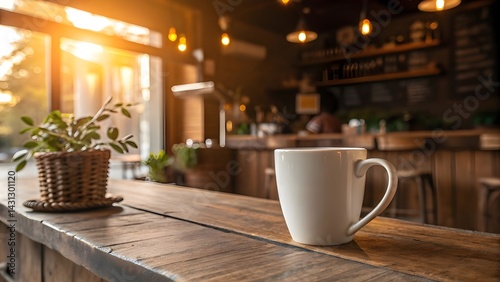 white coffee mug mockup on a rustic wooden table with a blurred cafe background