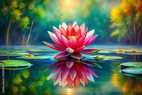 Tranquil Red Water Lily Reflection: Abstract White Horizontal Landscape Painting