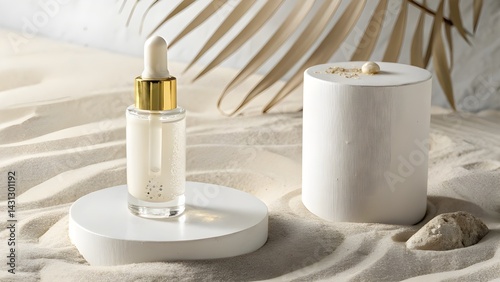 Minimalist skincare product photography, glass dropper bottle, white liquid serum, gold cap, white cylindrical pedestal, sand texture, beige background, luxury skincare, product showcase