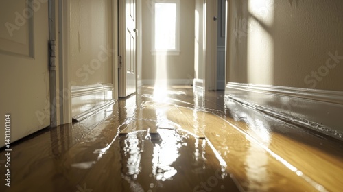 wooden floor damage showing concentric water rings and cupped boards near a bathroom doorway after plumbing failure