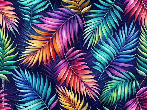 Tropical Watercolor Palm Leaves Pattern - Summer Trend Print | Dark Background