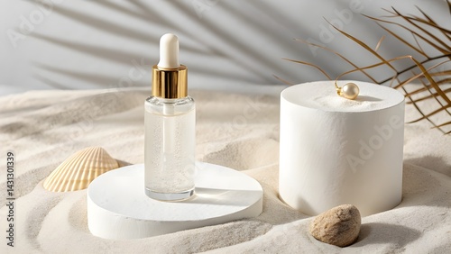 Minimalist skincare product photography, glass dropper bottle, white liquid serum, gold cap, white cylindrical pedestal, sand texture, beige background, luxury skincare, product showcase