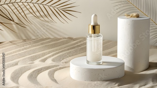 Minimalist skincare product photography, glass dropper bottle, white liquid serum, gold cap, white cylindrical pedestal, sand texture, beige background, luxury skincare, product showcase