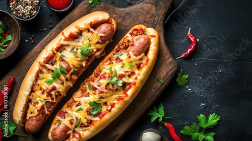 Two loaded hot dogs on a wooden board