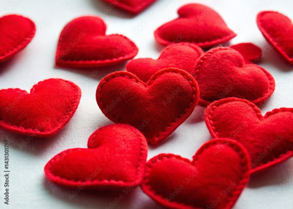 Obraz premium Valentine's Day Red Felt Hearts on White Background - Romantic Stock Photo
