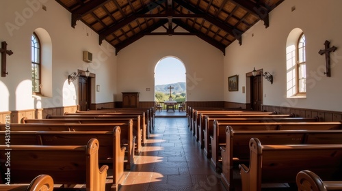 Mission church concept. Serene interior of a chapel with wooden pews and natural light streaming in.