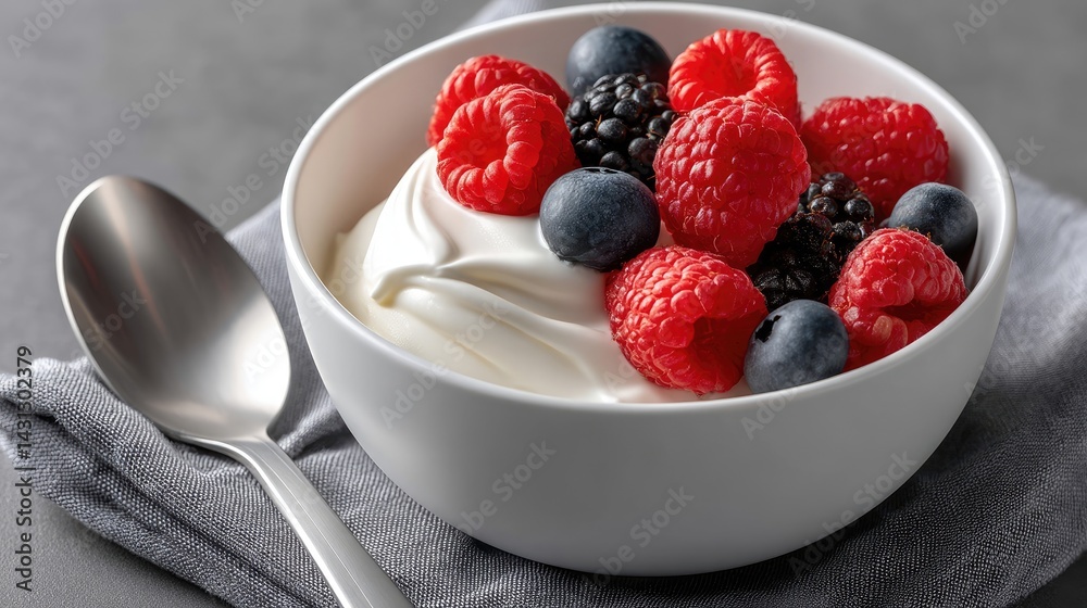 Eating cottage cheese with vibrant berries and sour cream creates a delightful culinary experience on a minimalist table