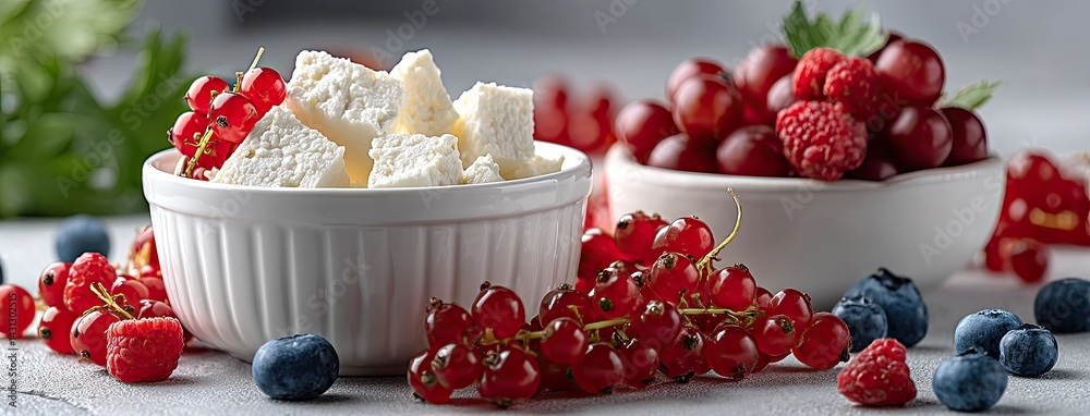 Eating cottage cheese with vibrant berries and sour cream creates a delightful culinary experience on a minimalist table