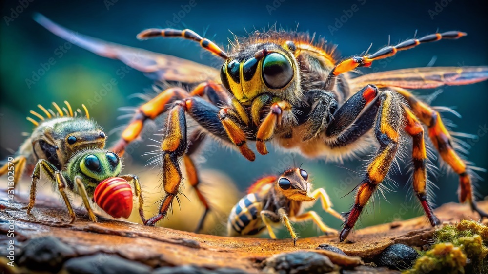 Vibrant Close-up: Jumping Spider vs. Social Wasp in Intense Natural Action Vibrant Close-up: Jumping Spider vs. Social Wasp in Intense Natural Action