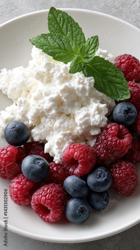 Enjoy a wholesome bowl featuring Greek yogurt, cottage cheese, and fresh berries on rice porridge, perfect for breakfast or a snack