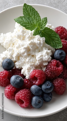Obraz na płótnie Enjoy a wholesome bowl featuring Greek yogurt, cottage cheese, and fresh berries on rice porridge, perfect for breakfast or a snack w salonie