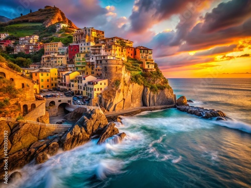 Vibrant Italian Coastal Town at Sunset, Colorful Houses, Long Exposure Photography
