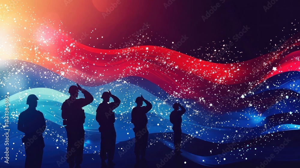 Abstract patriotic waves of red, white, and blue, with the silhouette of saluting soldiers in the foreground.