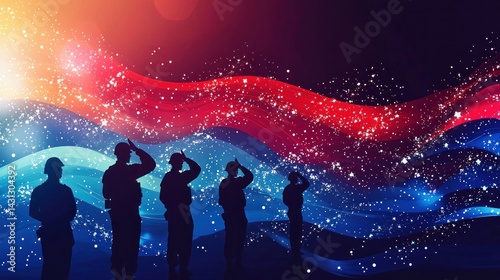 Obraz na płótnie Abstract patriotic waves of red, white, and blue, with the silhouette of saluting soldiers in the foreground. w salonie