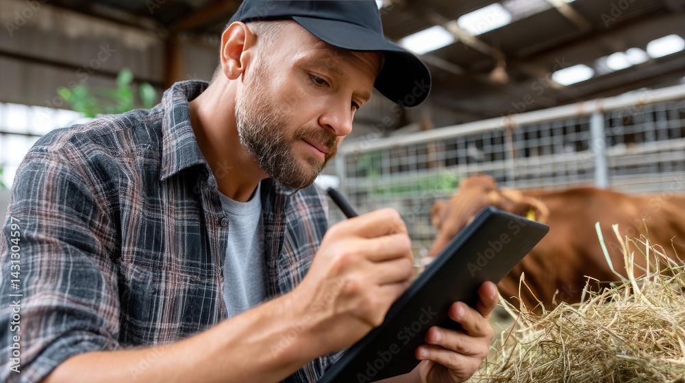Farmer in plaid shirt and cap records notes on tablet while tending to brown cows surrounded by hay in the barn environment