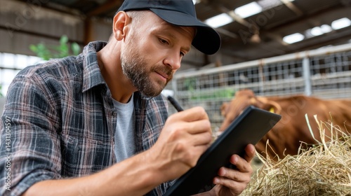Obraz na płótnie Farmer in plaid shirt and cap records notes on tablet while tending to brown cows surrounded by hay in the barn environment w salonie