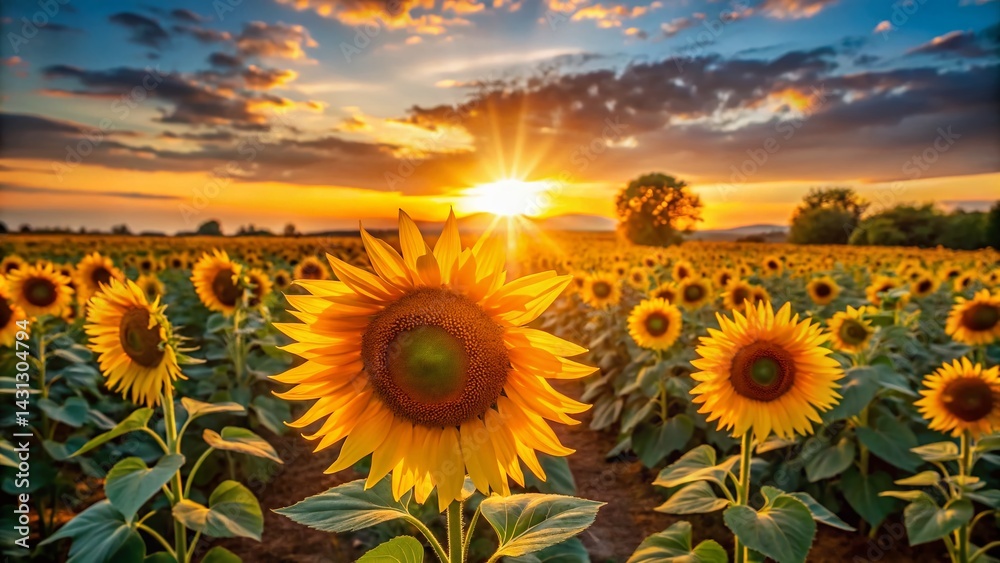 Fototapeta premium Vibrant Sunset over Sunflower Field - Golden Hour Landscape Photography