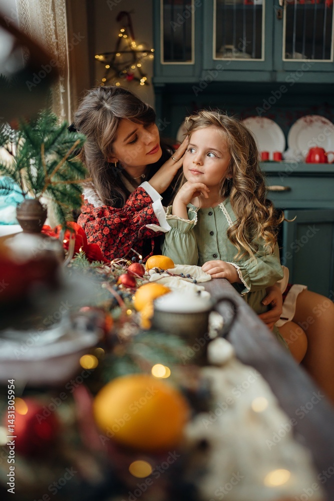 Mother and daughter at the festive New Year's table. family traditions.