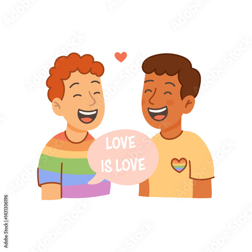 LGBT couple smiling together with love is love phrase