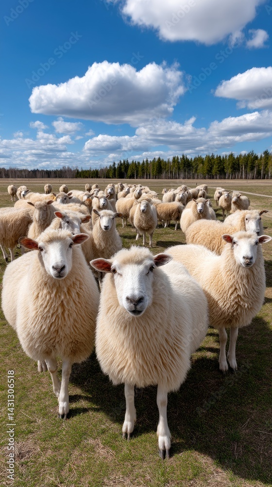Sheep enjoy fresh green grass on an English farm field beneath a clear blue sky and fluffy white clouds during springtime