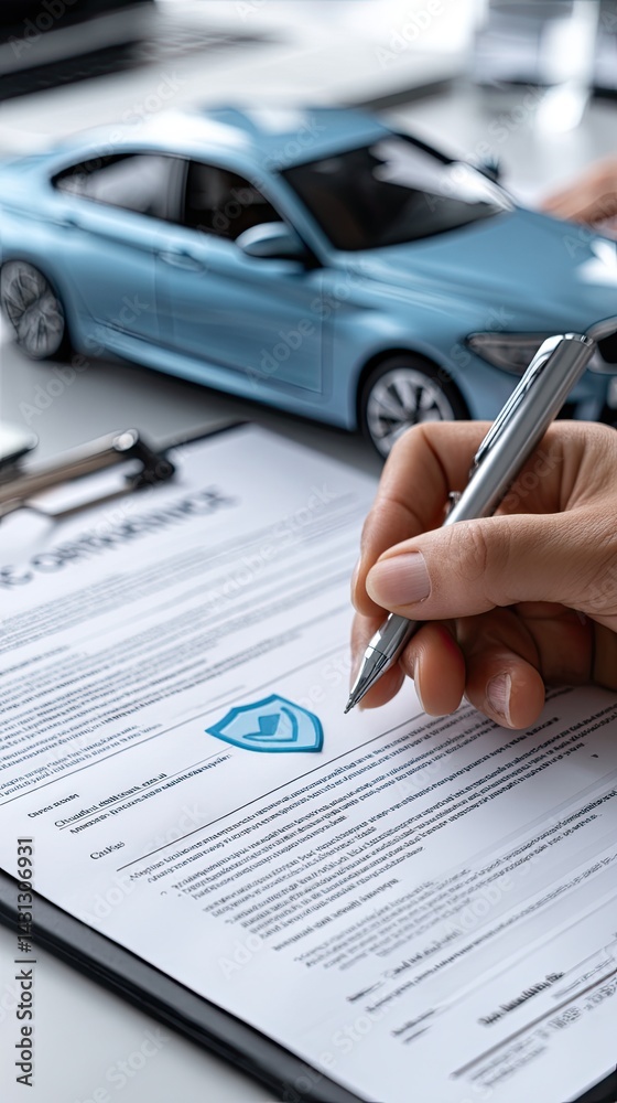 Close-up of hands writing on paper with a blue toy car and calculator nearby, creating a serene workspace atmosphere