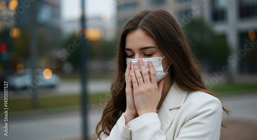 Woman in face mask feels unwell outdoors, covers face. Feeling unwell. Urban unwell