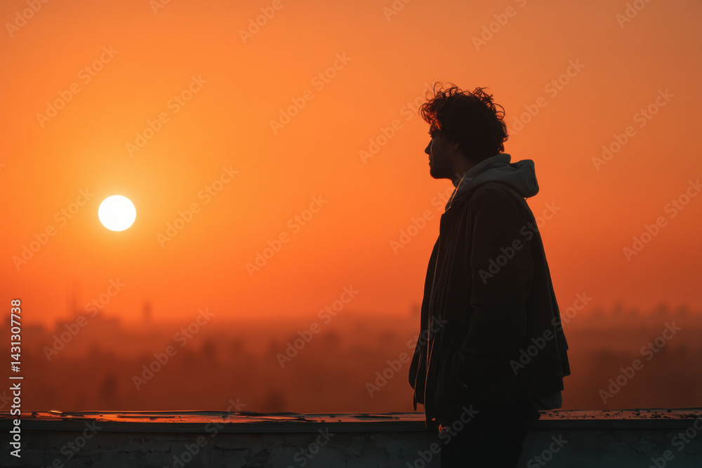 Man gazing at vibrant sunset over calm ocean, casting warm hues on the horizon. Silhouetted figure contemplates beauty of nature's embrace. Man gazing at vibrant sunset over calm ocean, casting warm hues on the horizon. Silhouetted figure contemplates beauty of nature's embrace.