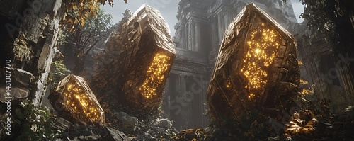 Gigantic Bronze Quantum Monoliths Surrounded by Ruined Temples and Overgrown Foliage