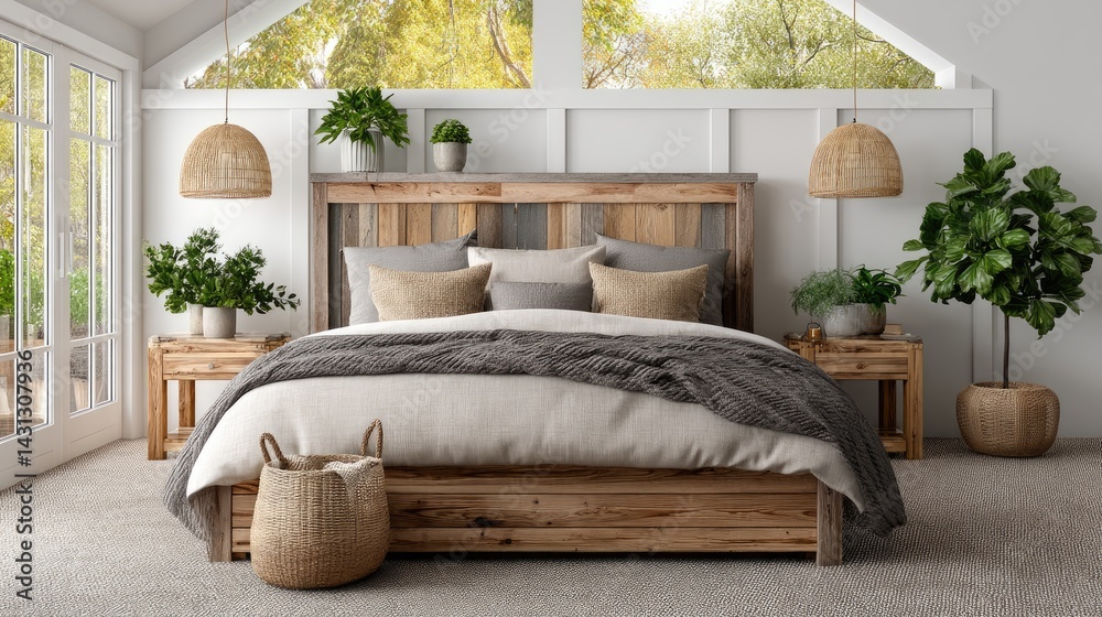 Bright and airy Scandinavian bedroom with a cozy double bed, wooden accents, and greenery enhancing a tranquil atmosphere