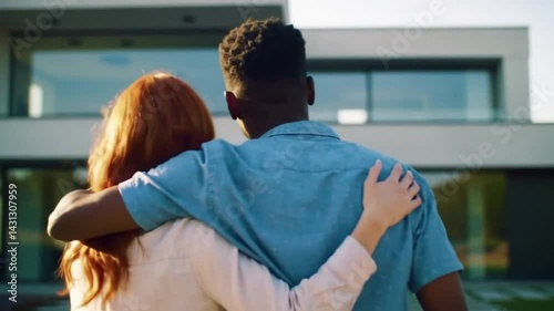 Happy young couple embracing and hugging in front of their big modern house, rearview, celebrating new homeownership, property purchase, dream house, real estate investment and mortgage loan