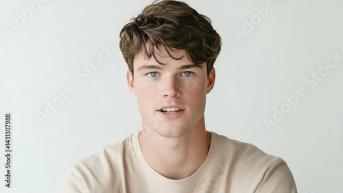 Contemplative Gaze: A young man with textured hair and blue eyes offers a soft gaze and gentle expression, a portrait of introspection and understated style.