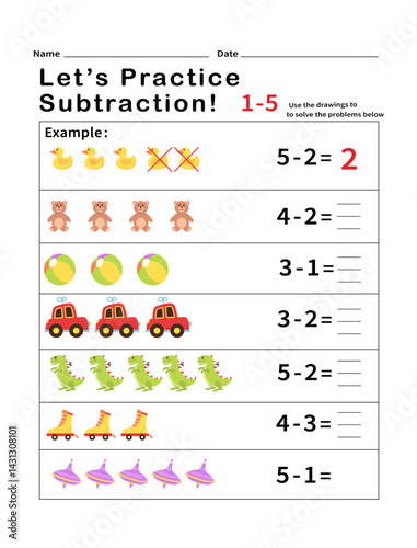 Preschool Subtraction Worksheet with Visual Toy Illustrations for Numbers 1 to 5. Fun and educational preschool subtraction worksheet designed to teach early math skills. 

