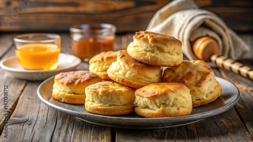 Softly lit plate with golden brown fluffy buttermilk biscuits topped with a pat of butter and a drizzle of warm honey