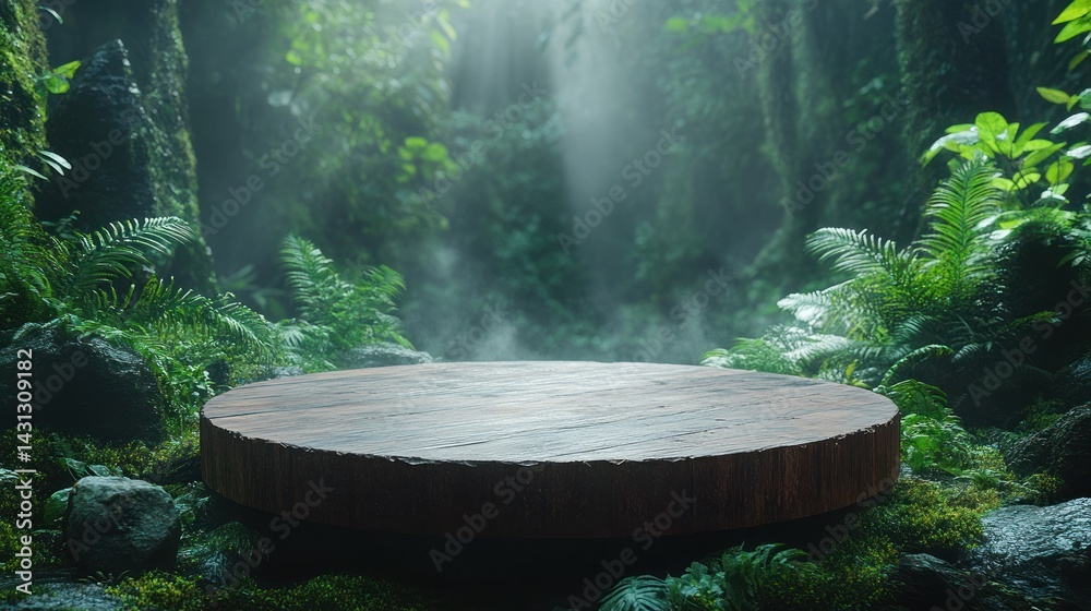 Round wooden platform in a lush green forest with light streaming through.