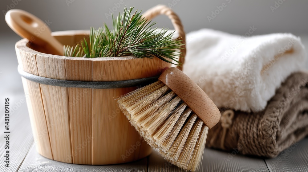Close-up of a wooden bucket with a natural brush and pine herbs, complemented by a white towel, creating a serene spa atmosphere